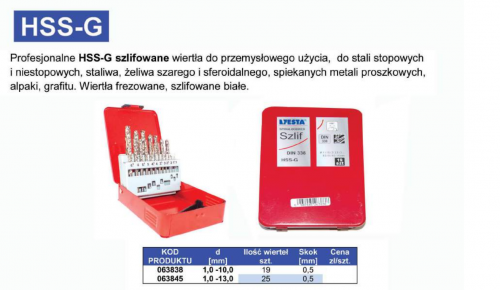 063838	HSS-G  1,0-10,0 x 0,5 mm 19 sztuk  HSS-G DIN 338