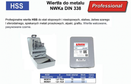 063814	HSS-R  1,0-10,0 x 0,5 mm 19 sztuk  HSS-R DIN 338